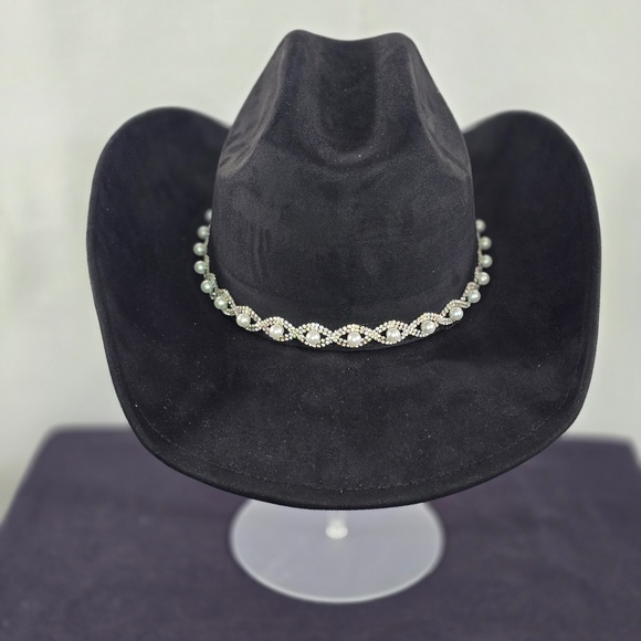Black Cowboy Hat a Pearl and Rhinestone  Rim - Picture 1 of 2